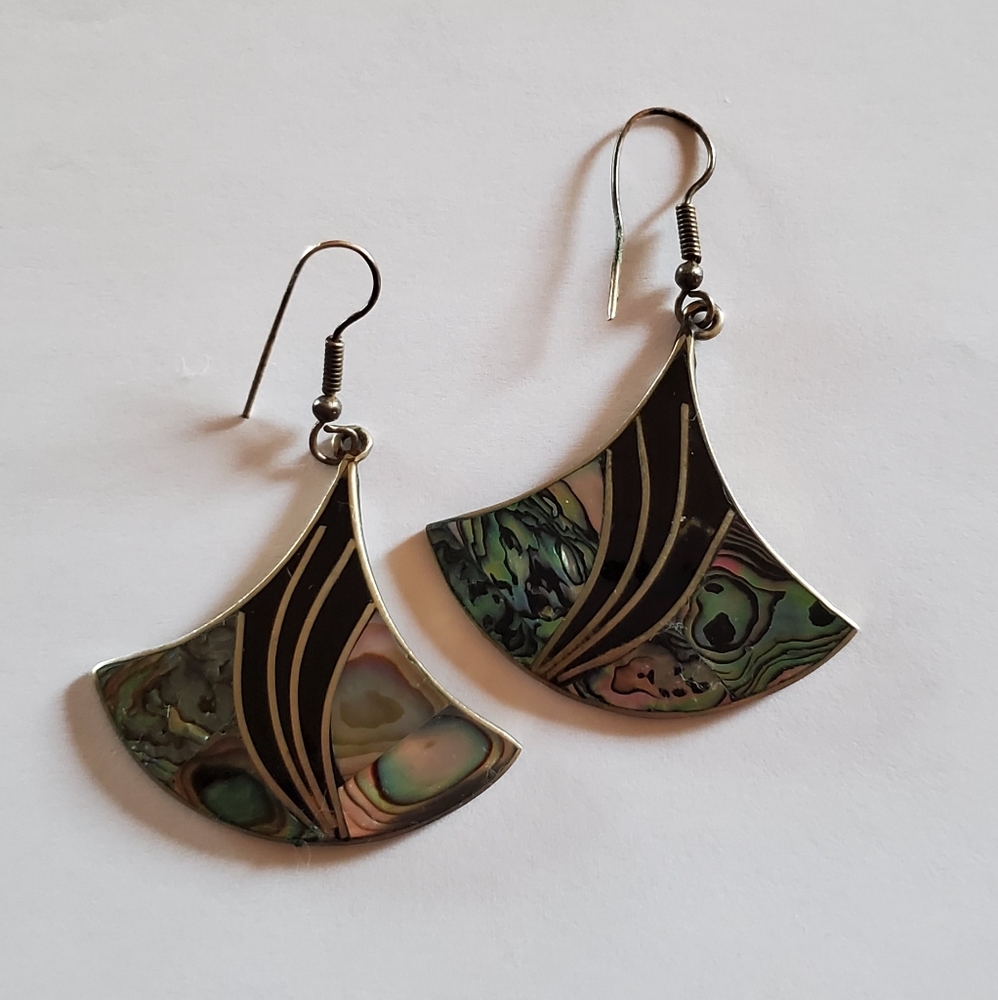 Vintage Alpaca Mexico Abalone Mosaic Earrings